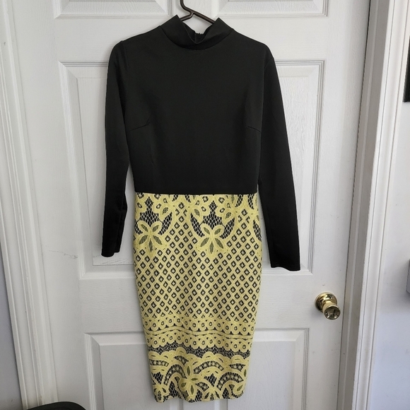 Club L Dress Black Long Sleeves Yellow Lace BodyCon Slit Fitted Sexy Women's 8 - Picture 1 of 7